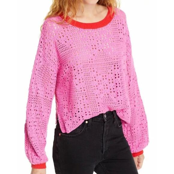 Free People Sweaters - Free people Sweater Womens XS Home Run Cotton Bright Pink Crochet Cropped Twee